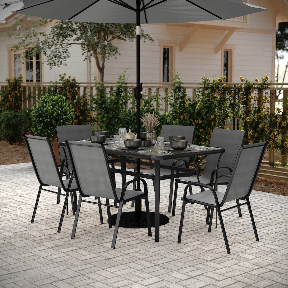 7 Piece Patio Dining Set with Patio Table and 6 Chairs, Gray. Picture 3