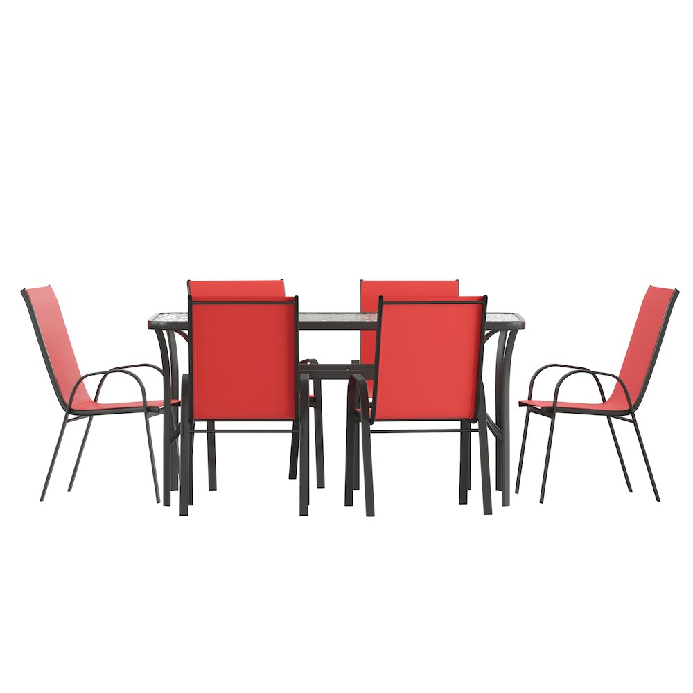7 Piece Patio Dining Set with Patio Table and 6 Chairs, Red. Picture 1