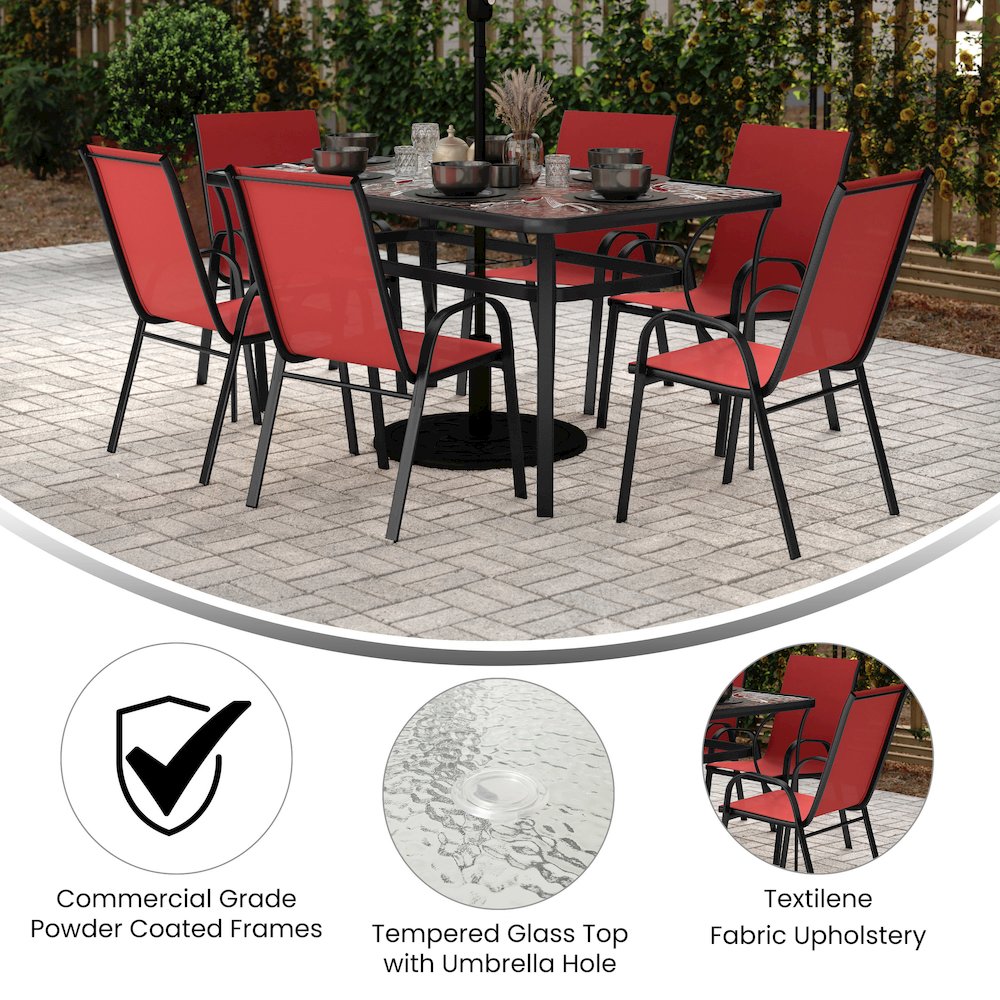 7 Piece Patio Dining Set with Patio Table and 6 Chairs, Red. Picture 4