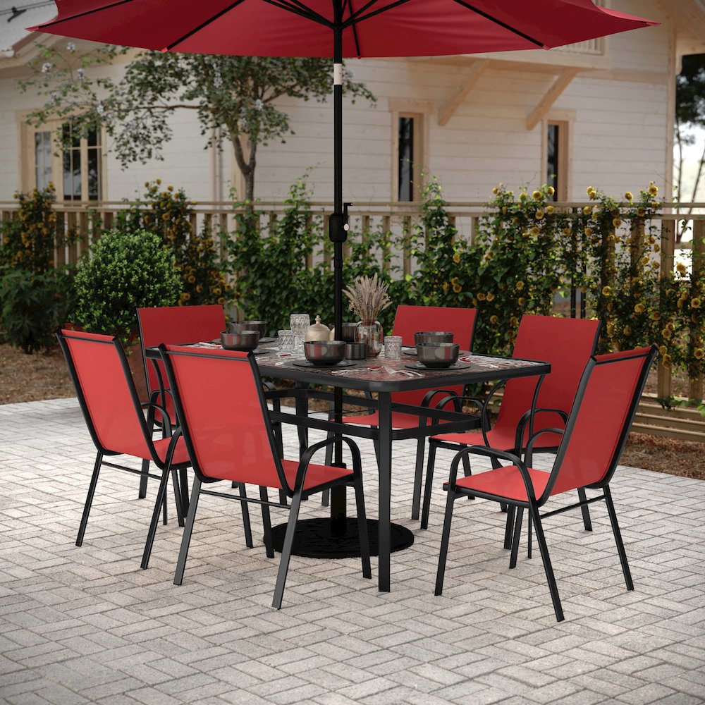 7 Piece Patio Dining Set with Patio Table and 6 Chairs, Red. Picture 3