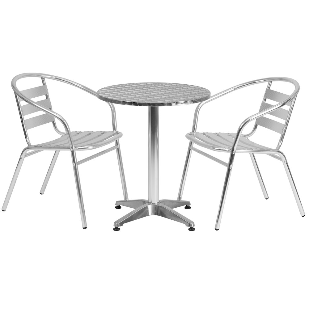 23.5'' Round Aluminum Indoor-Outdoor Table Set with 2 Slat Back Chairs. Picture 1