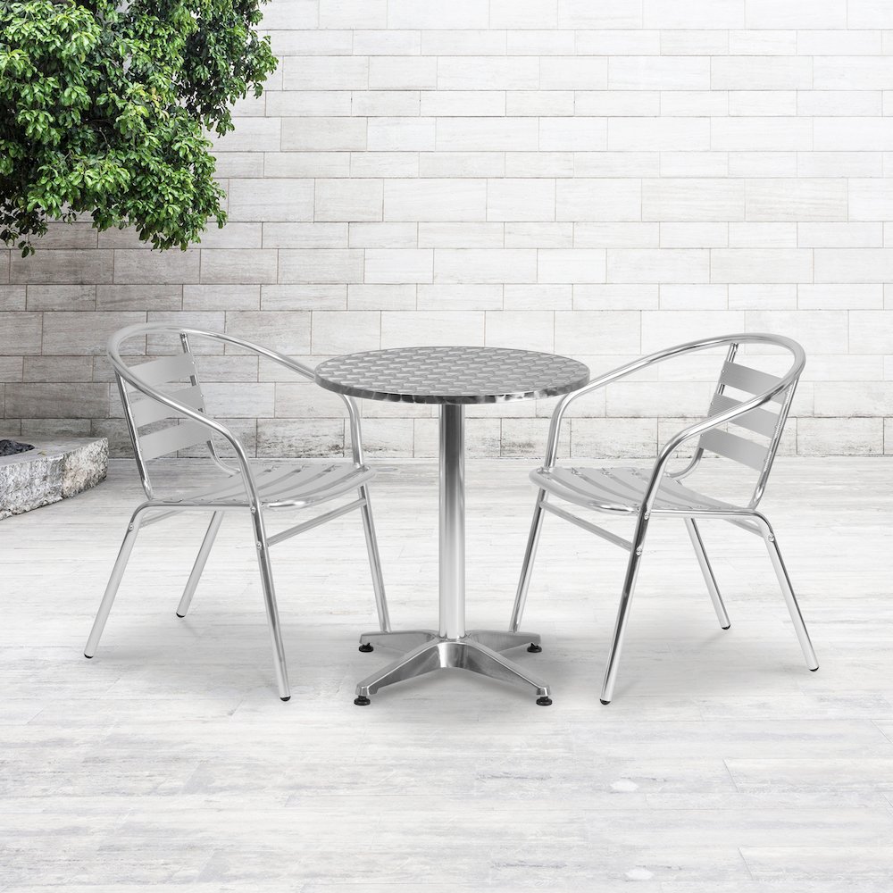 23.5'' Round Aluminum Indoor-Outdoor Table Set with 2 Slat Back Chairs. Picture 2