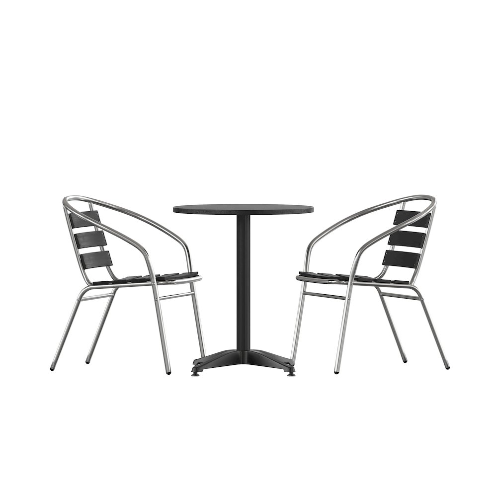 Lila 23.5'' Black Round Aluminum Table Set with 2 Black Slat Back Chairs. Picture 1