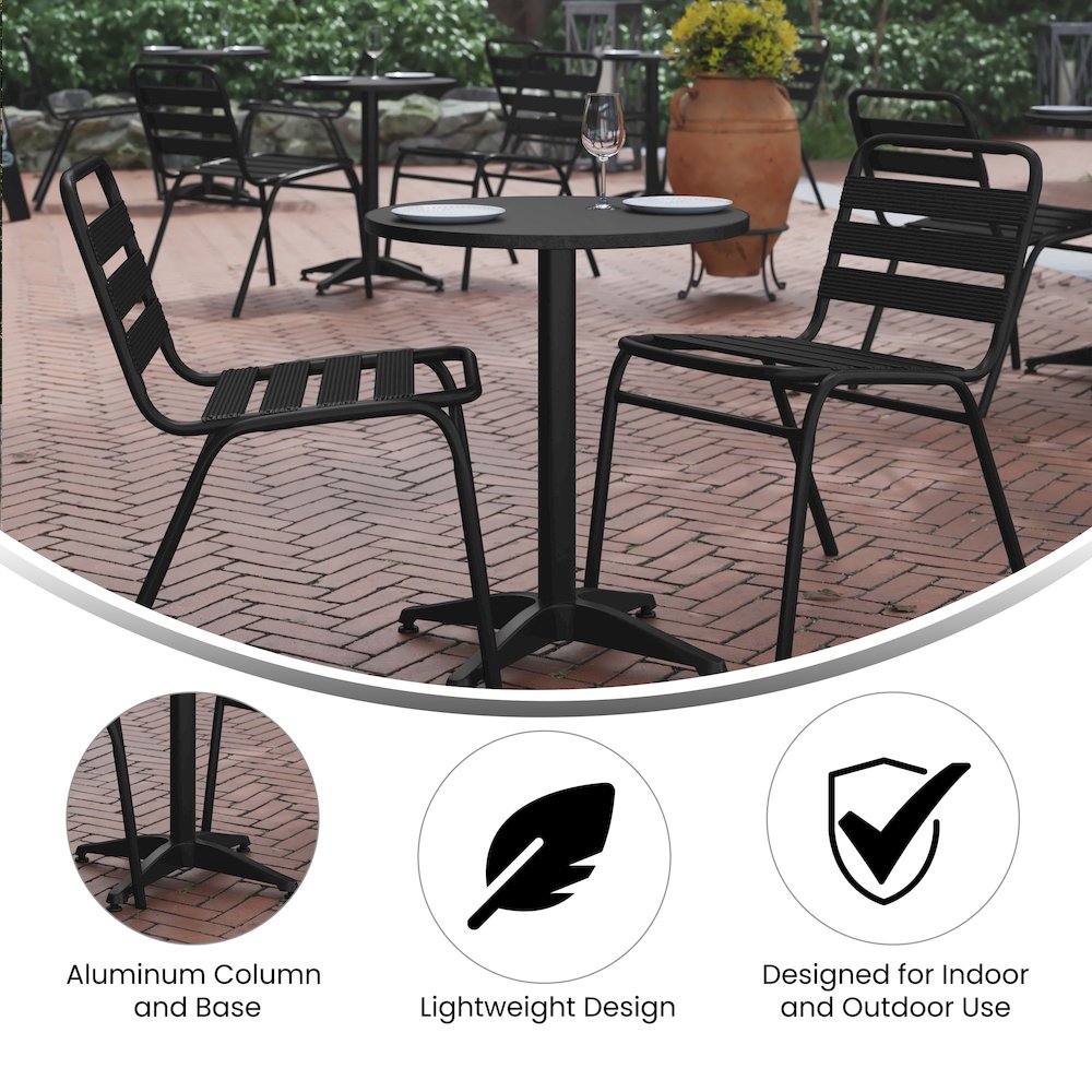 Lila 23.5'' Black Round Aluminum Table Set with 2 Black Slat Back Chairs. Picture 5