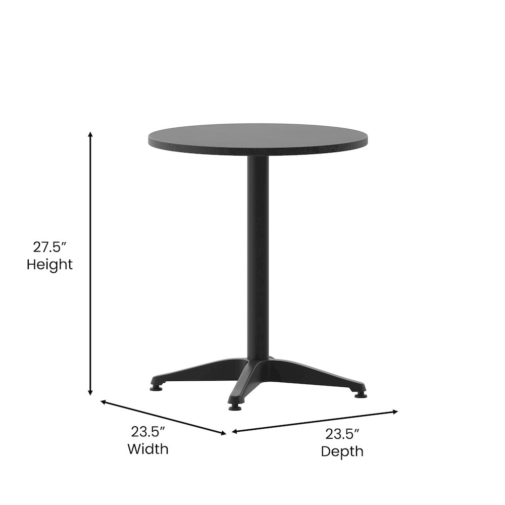 Lila 23.5'' Black Round Aluminum Table Set with 2 Black Slat Back Chairs. Picture 7