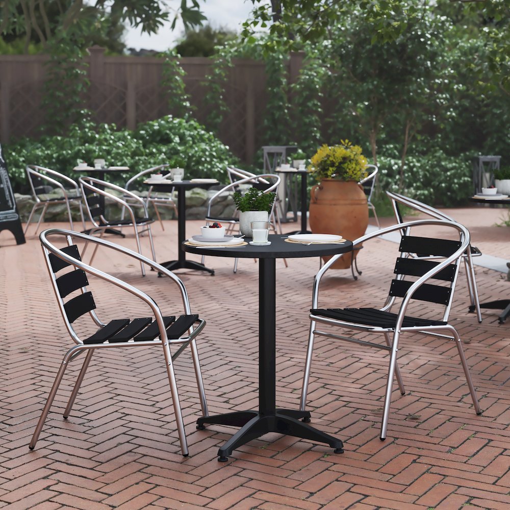 Lila 23.5'' Black Round Aluminum Table Set with 2 Black Slat Back Chairs. Picture 3