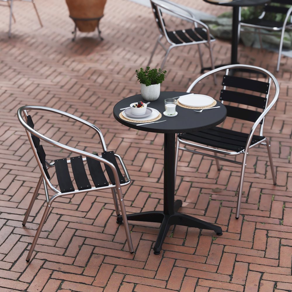 Lila 23.5'' Black Round Aluminum Table Set with 2 Black Slat Back Chairs. Picture 8
