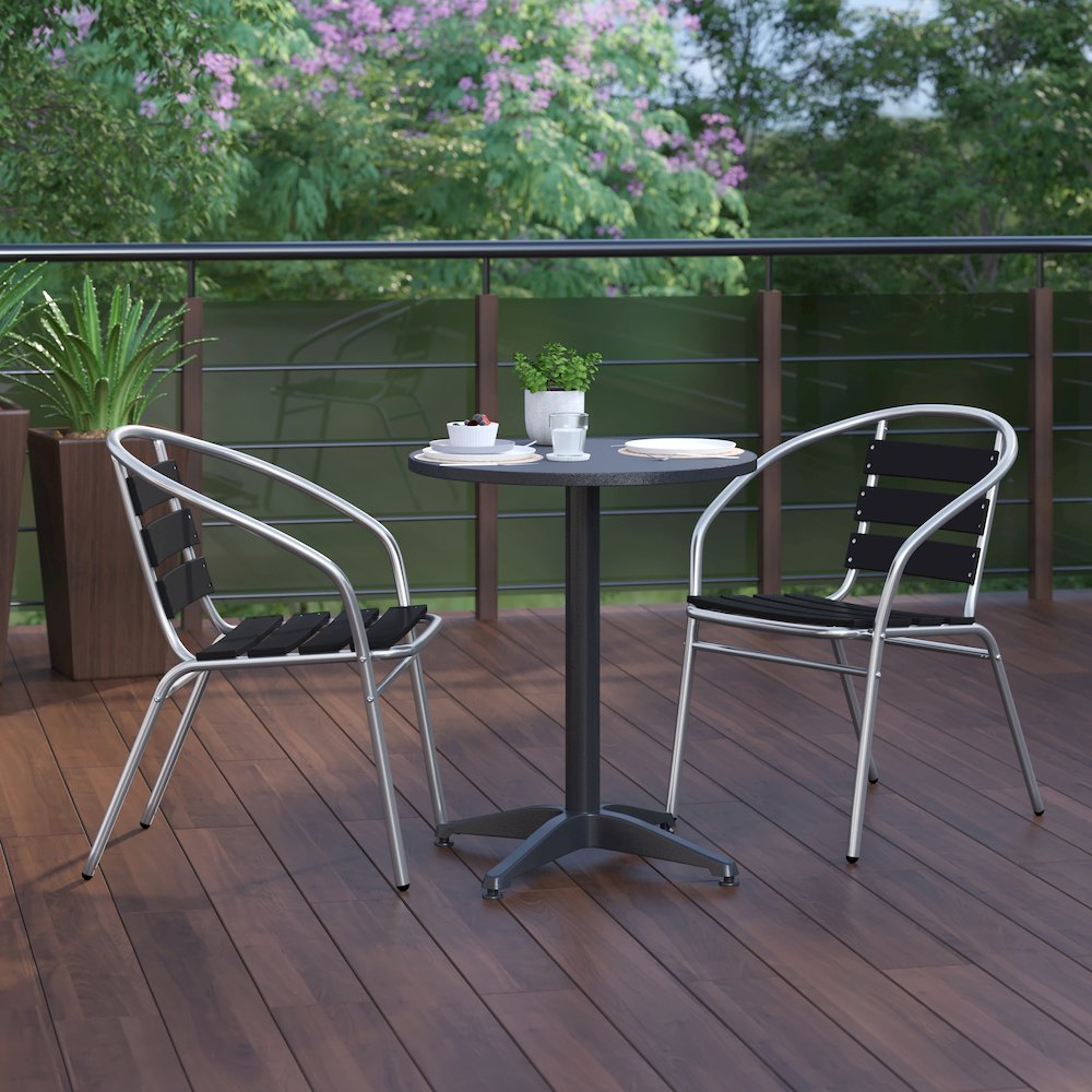 Lila 23.5'' Black Round Aluminum Table Set with 2 Black Slat Back Chairs. Picture 9