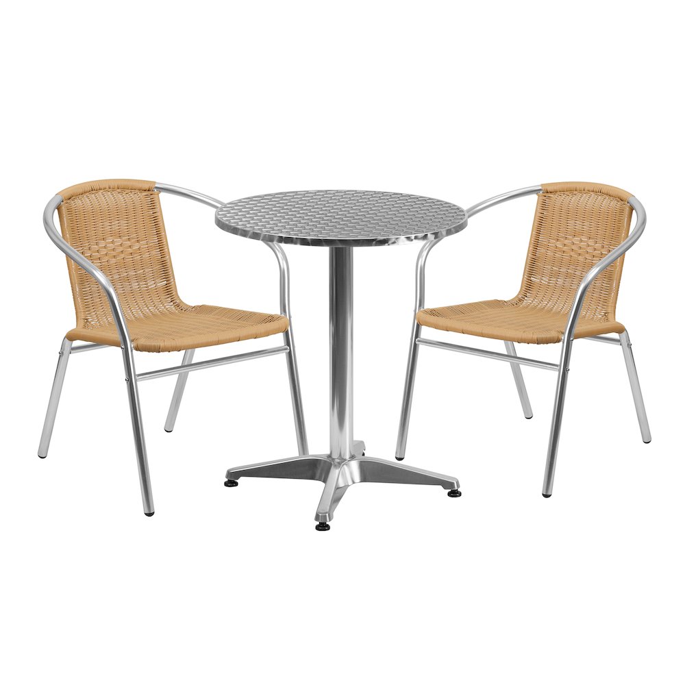 23.5'' Round Aluminum Indoor-Outdoor Table Set with 2 Beige Rattan Chairs. Picture 1