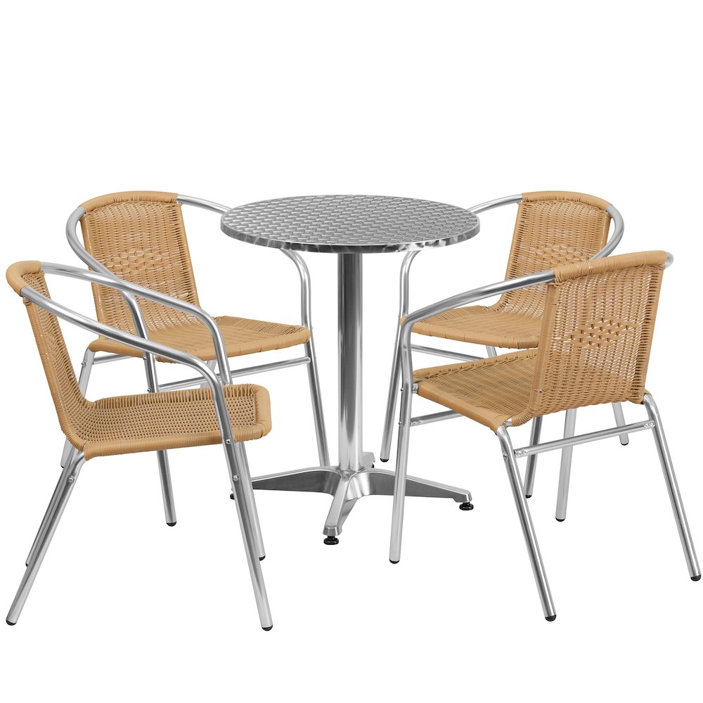 23.5'' Round Aluminum Indoor-Outdoor Table Set with 4 Beige Rattan Chairs. Picture 1