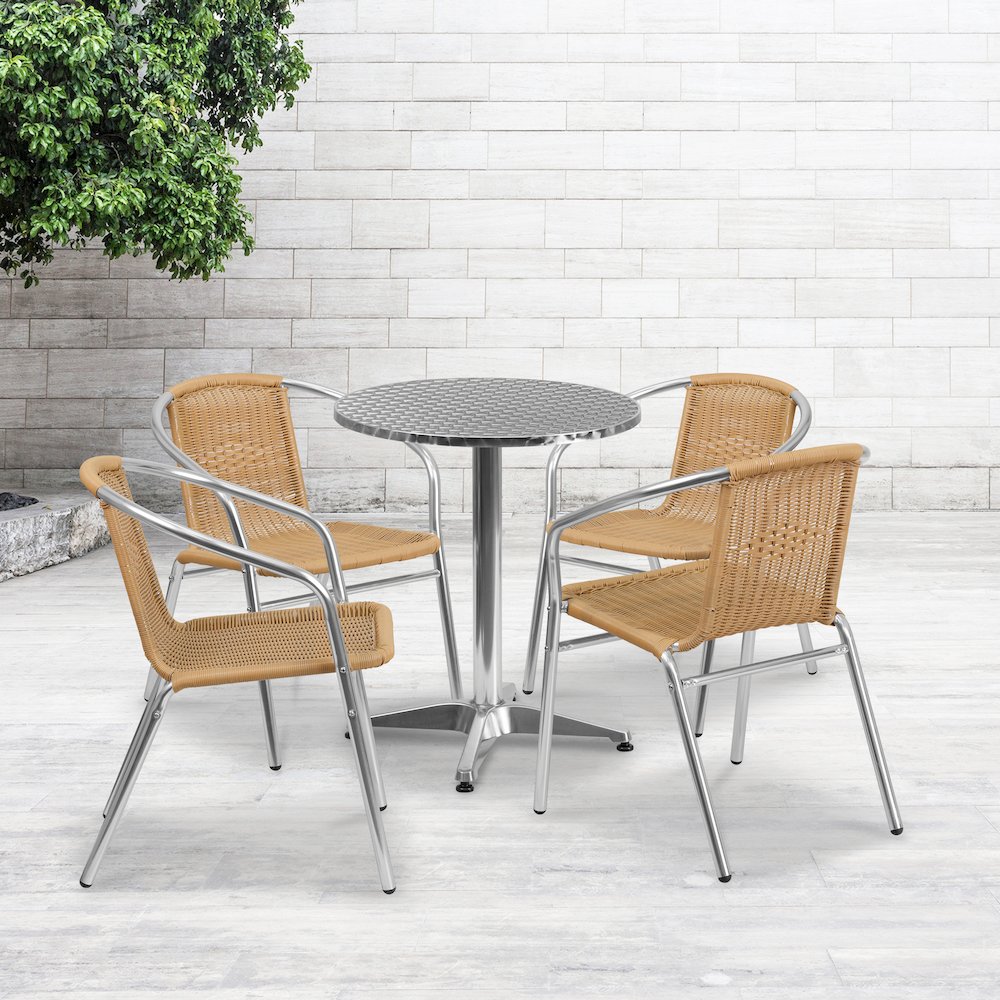 23.5'' Round Aluminum Indoor-Outdoor Table Set with 4 Beige Rattan Chairs. Picture 2