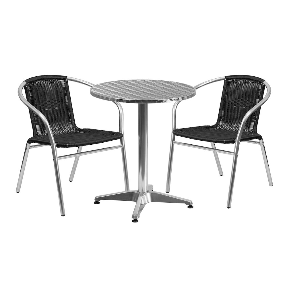 23.5'' Round Aluminum Indoor-Outdoor Table Set with 2 Black Rattan Chairs. Picture 1