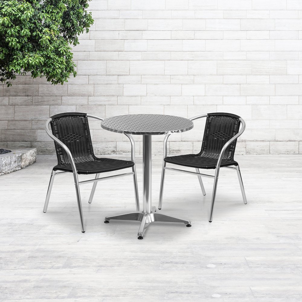 23.5'' Round Aluminum Indoor-Outdoor Table Set with 2 Black Rattan Chairs. Picture 2