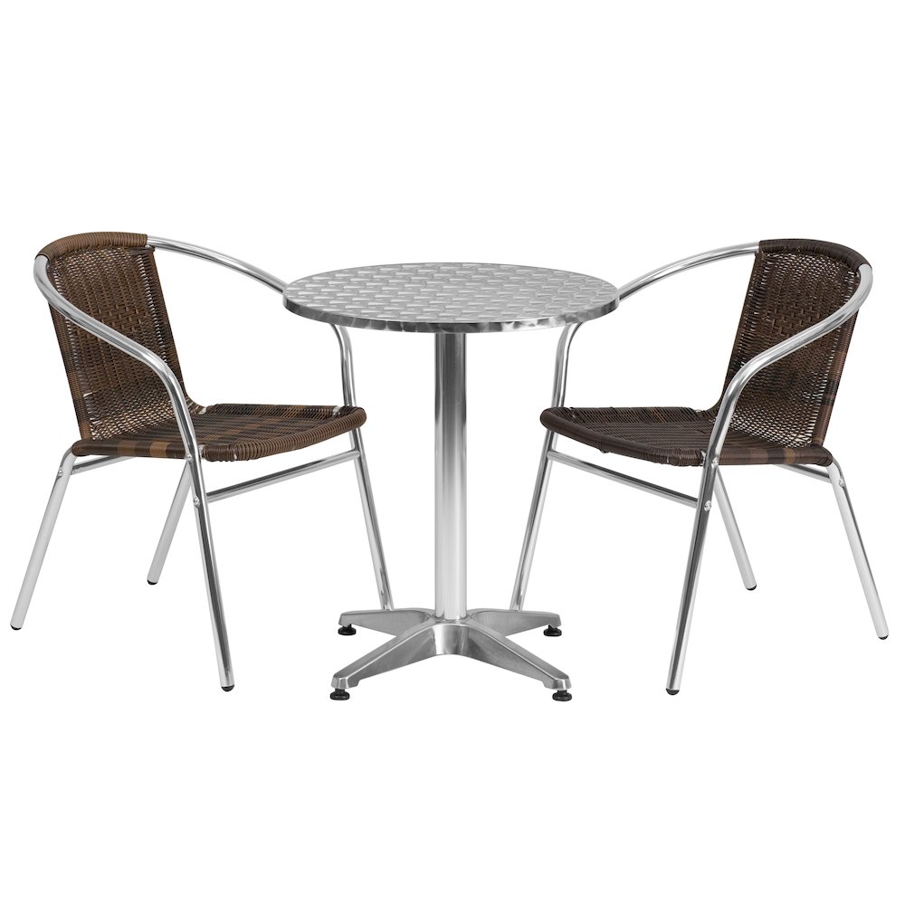 23.5'' Round Aluminum Indoor-Outdoor Table Set with 2 Dark Brown Rattan Chairs. Picture 1