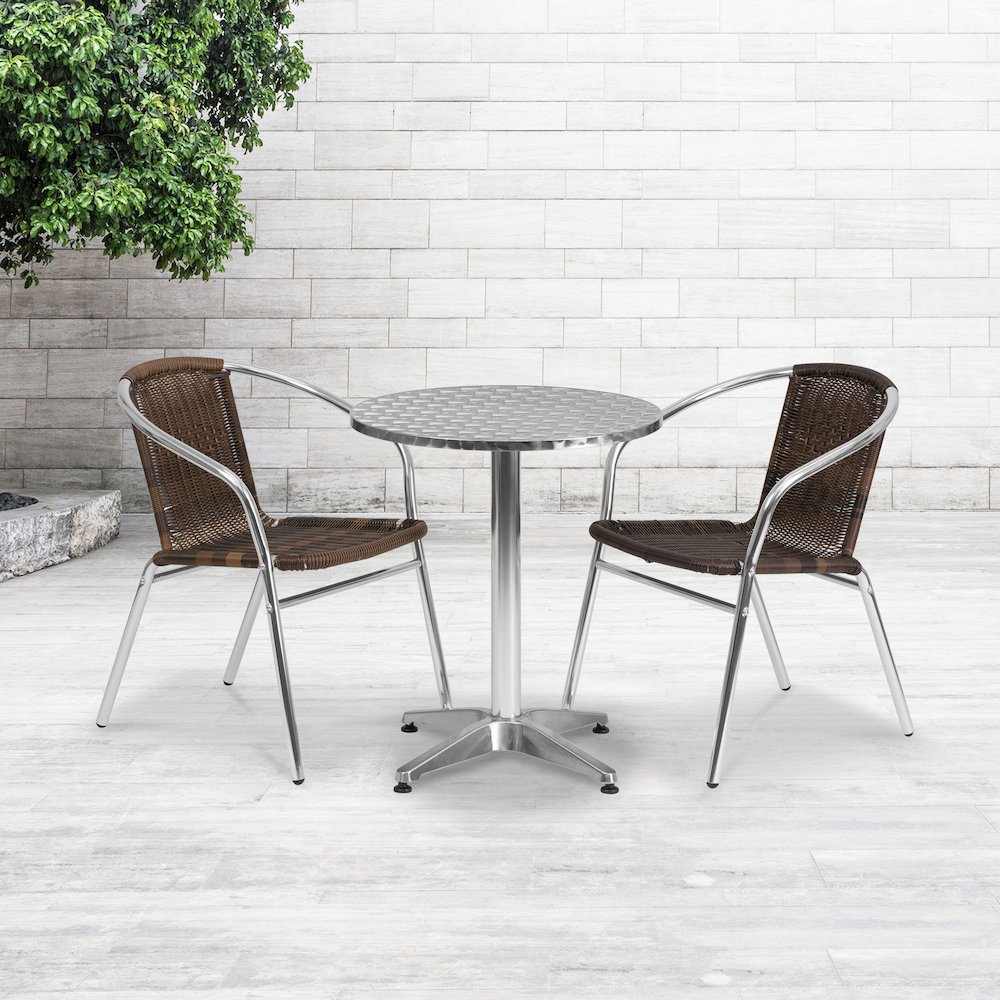 23.5'' Round Aluminum Indoor-Outdoor Table Set with 2 Dark Brown Rattan Chairs. Picture 4