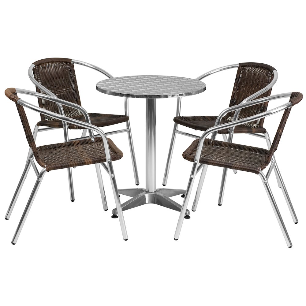 23.5'' Round Aluminum Indoor-Outdoor Table Set with 4 Dark Brown Rattan Chairs. Picture 1