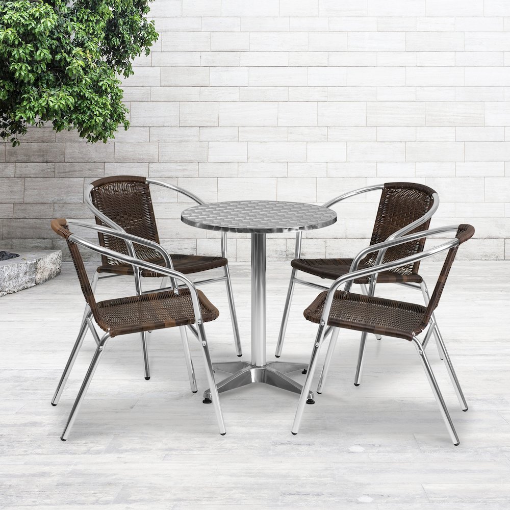23.5'' Round Aluminum Indoor-Outdoor Table Set with 4 Dark Brown Rattan Chairs. Picture 2