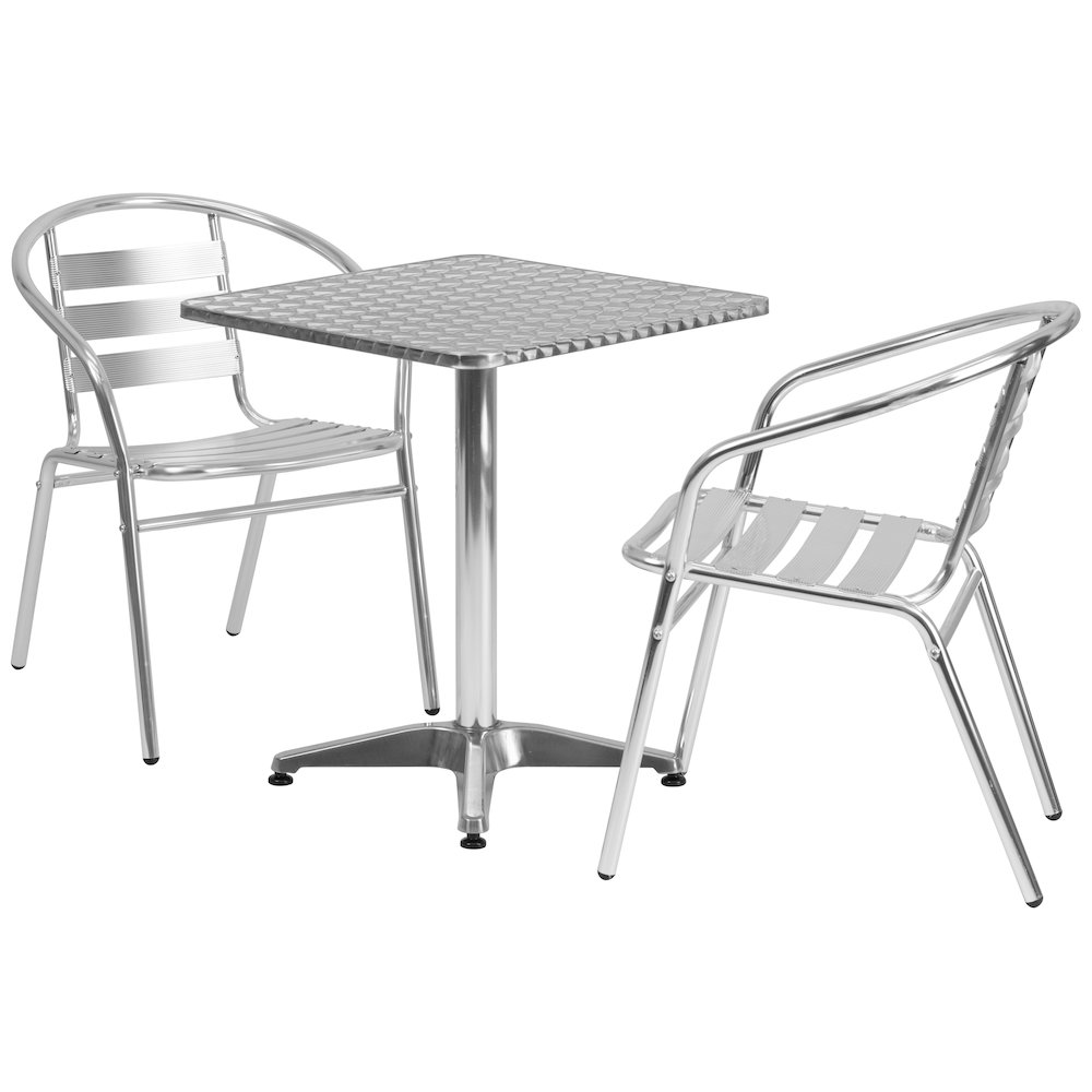23.5'' Square Aluminum Indoor-Outdoor Table Set with 2 Slat Back Chairs. Picture 1