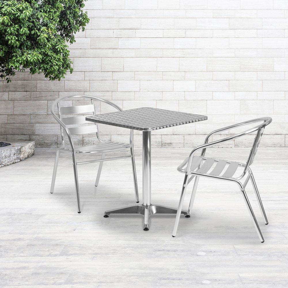 23.5'' Square Aluminum Indoor-Outdoor Table Set with 2 Slat Back Chairs. Picture 2
