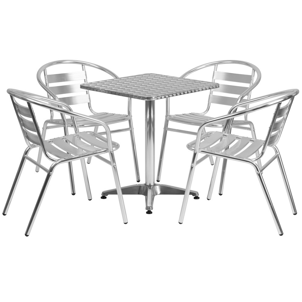 23.5'' Square Aluminum Indoor-Outdoor Table Set with 4 Slat Back Chairs. Picture 1