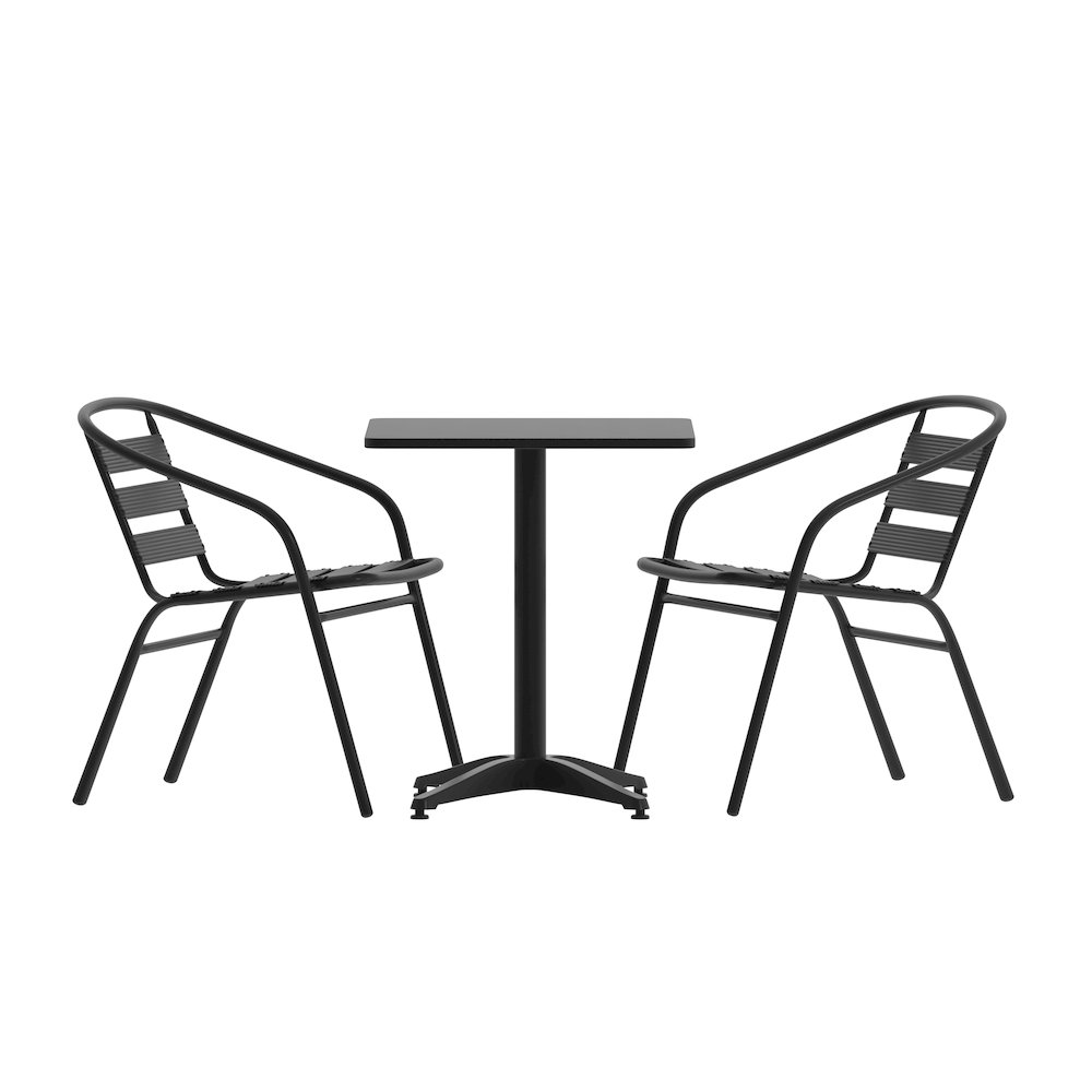Lila 23.5'' Black Square Aluminum Table Set with 2 Black Slat Back Chairs. Picture 1