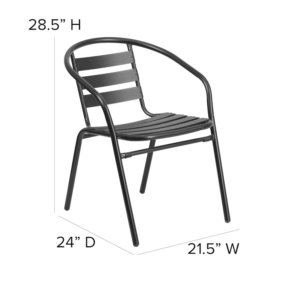 Lila 23.5'' Black Square Aluminum Table Set with 2 Black Slat Back Chairs. Picture 6