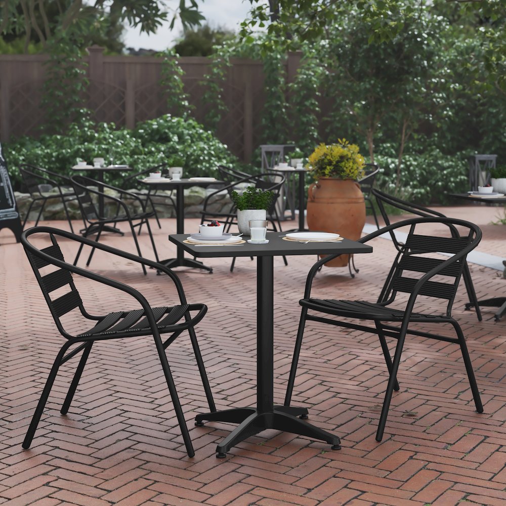Lila 23.5'' Black Square Aluminum Table Set with 2 Black Slat Back Chairs. Picture 3