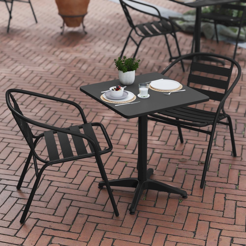Lila 23.5'' Black Square Aluminum Table Set with 2 Black Slat Back Chairs. Picture 8