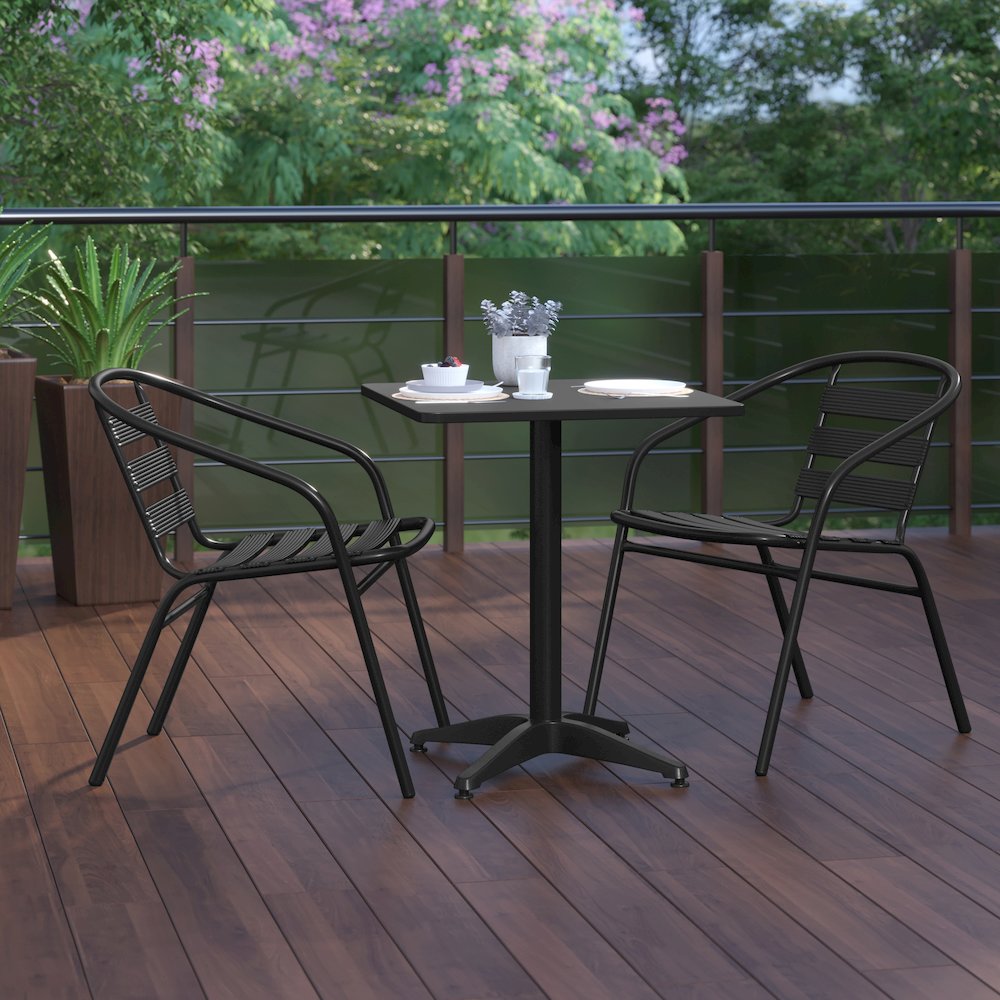 Lila 23.5'' Black Square Aluminum Table Set with 2 Black Slat Back Chairs. Picture 9