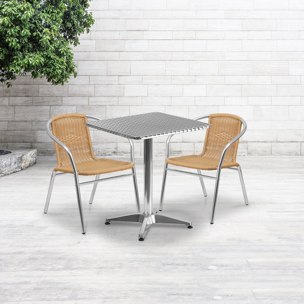 23.5'' Square Aluminum Indoor-Outdoor Table Set with 2 Beige Rattan Chairs. Picture 2