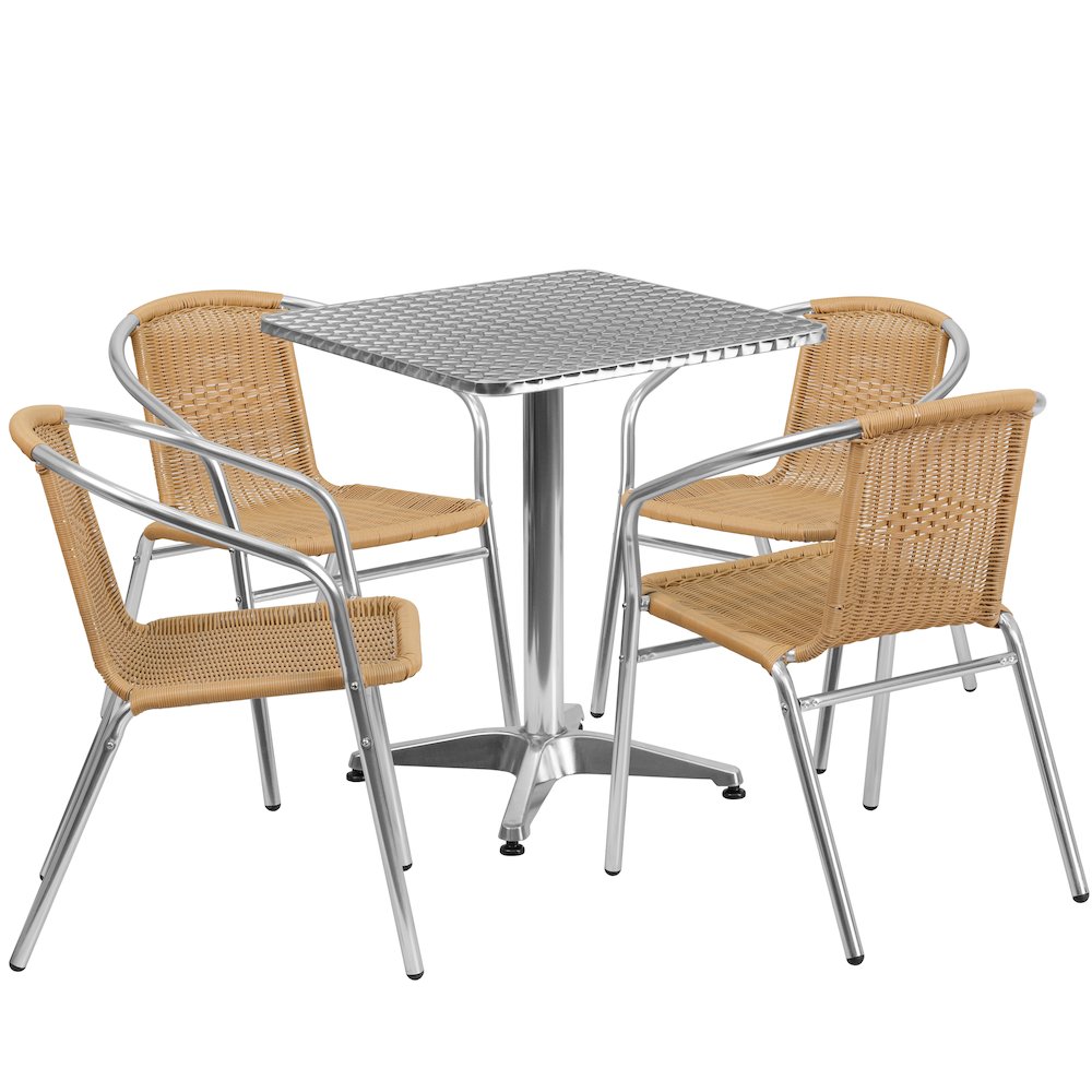 23.5'' Square Aluminum Indoor-Outdoor Table Set with 4 Beige Rattan Chairs. Picture 1