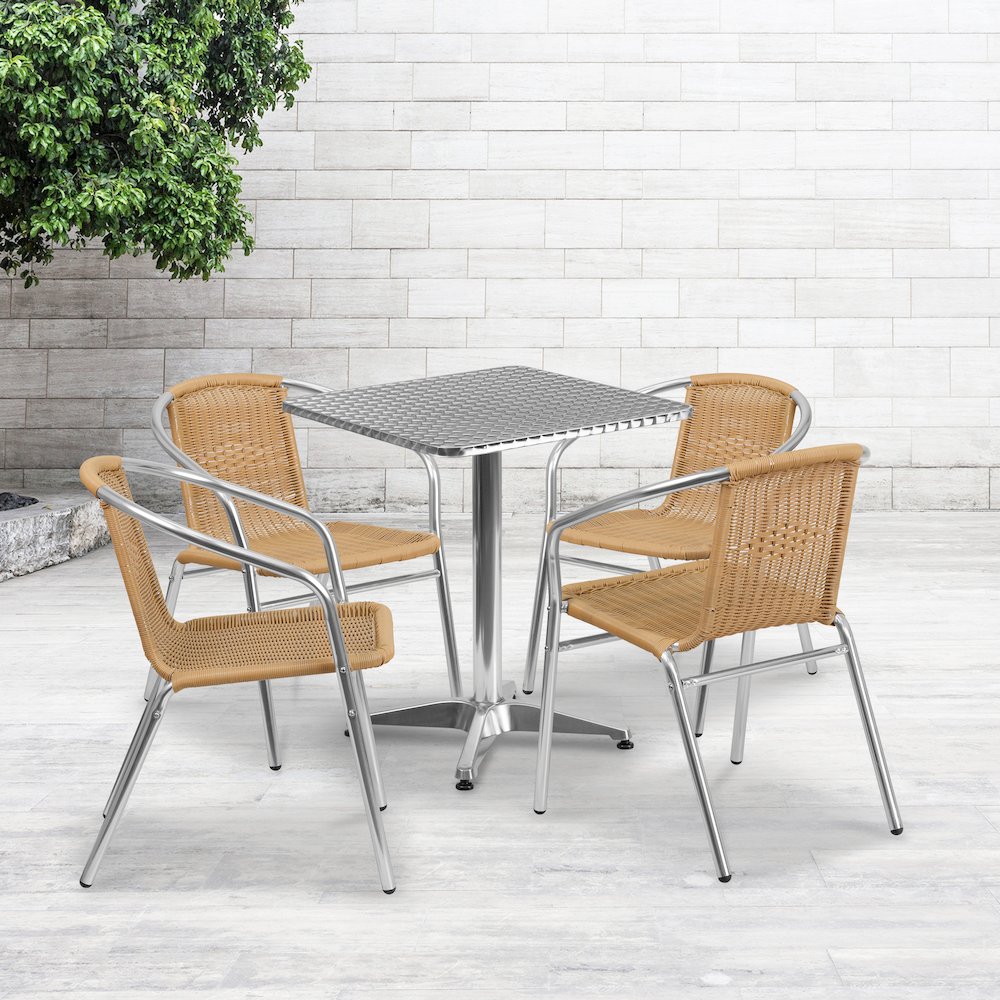 23.5'' Square Aluminum Indoor-Outdoor Table Set with 4 Beige Rattan Chairs. Picture 4