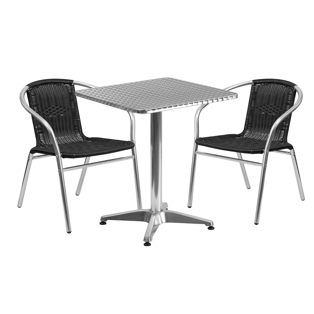23.5'' Square Aluminum Indoor-Outdoor Table Set with 2 Black Rattan Chairs. Picture 1