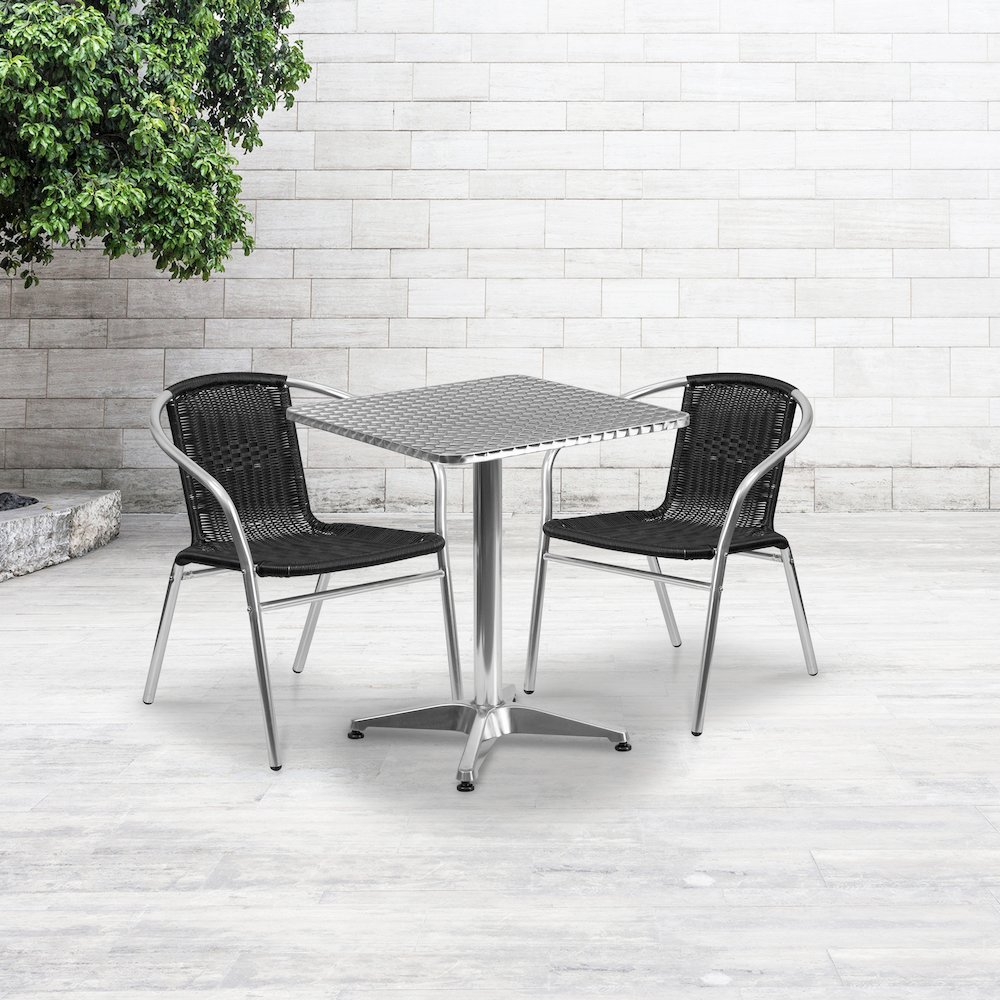 23.5'' Square Aluminum Indoor-Outdoor Table Set with 2 Black Rattan Chairs. Picture 2