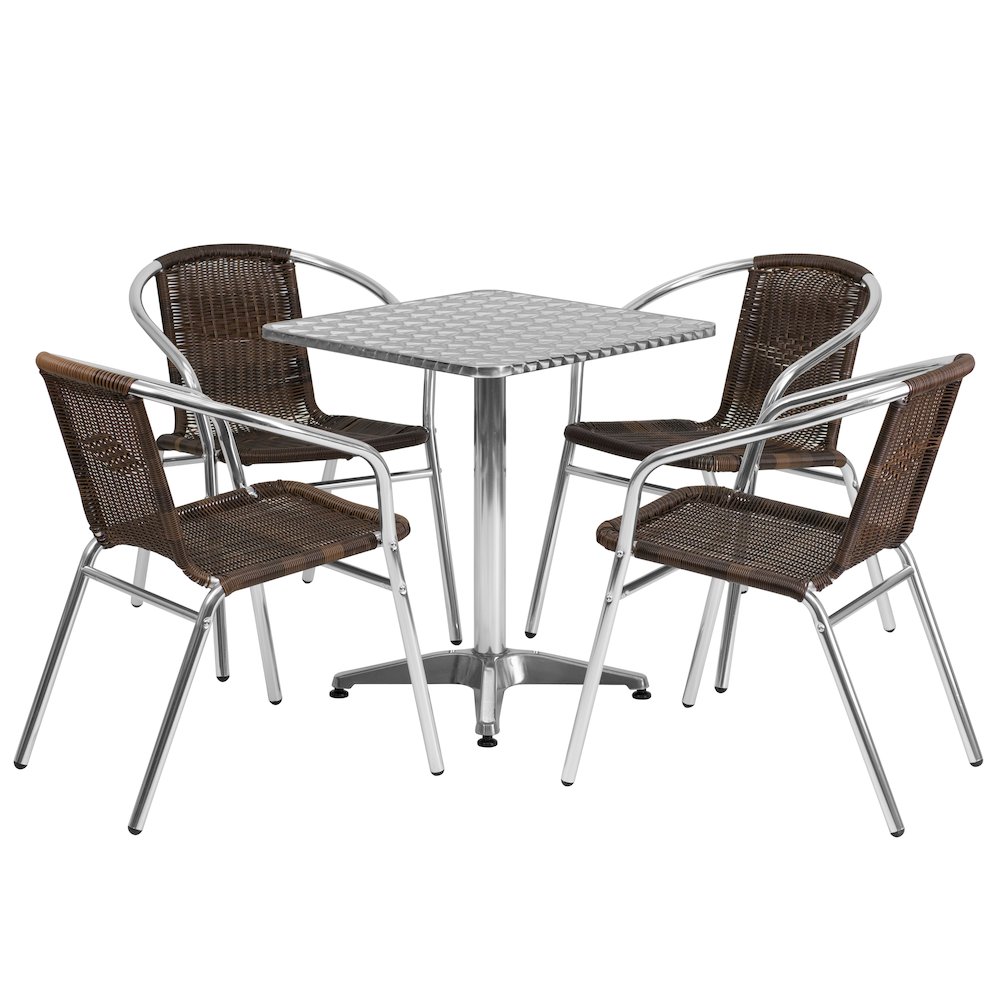 23.5'' Square Aluminum Indoor-Outdoor Table Set with 4 Dark Brown Rattan Chairs. Picture 1