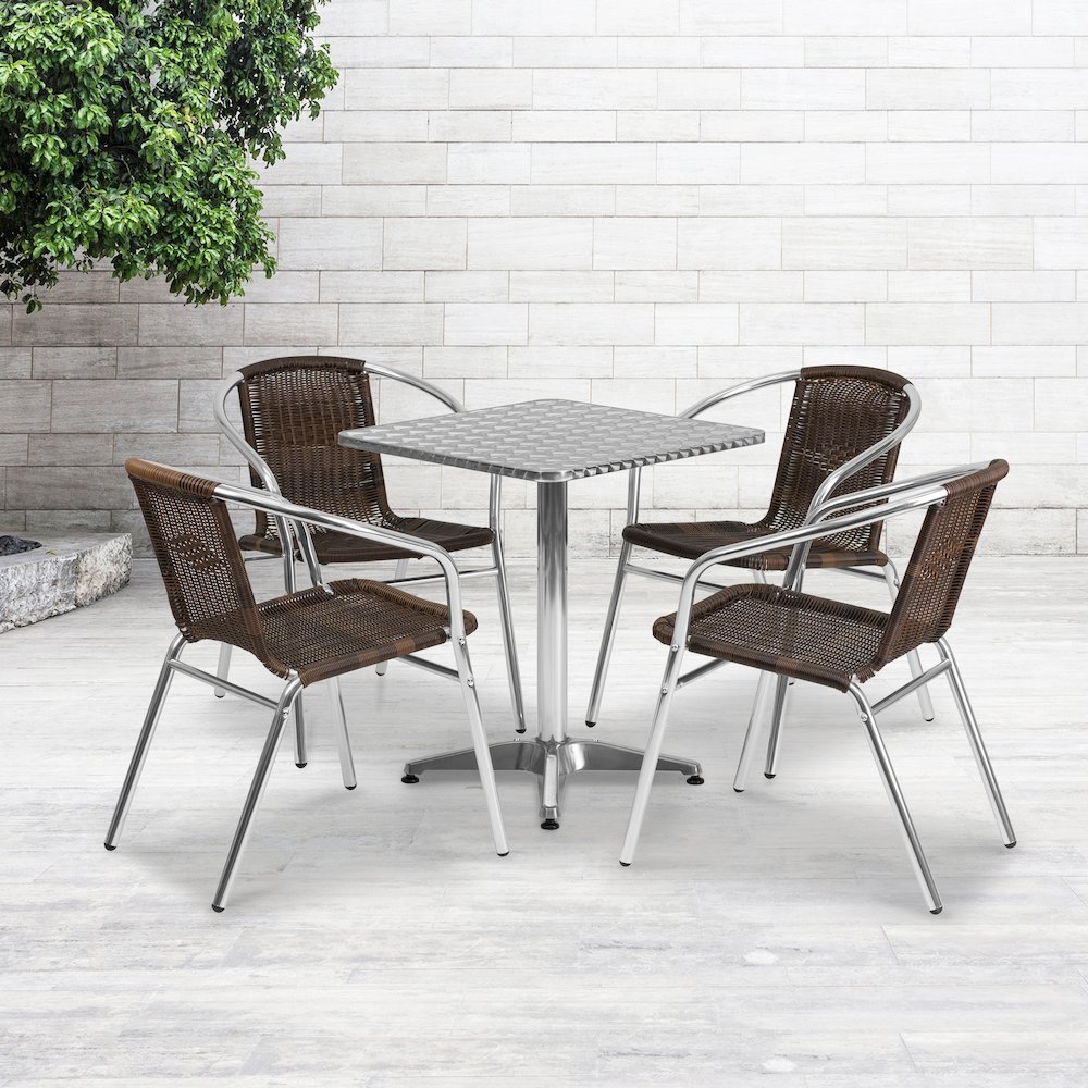 23.5'' Square Aluminum Indoor-Outdoor Table Set with 4 Dark Brown Rattan Chairs. Picture 2