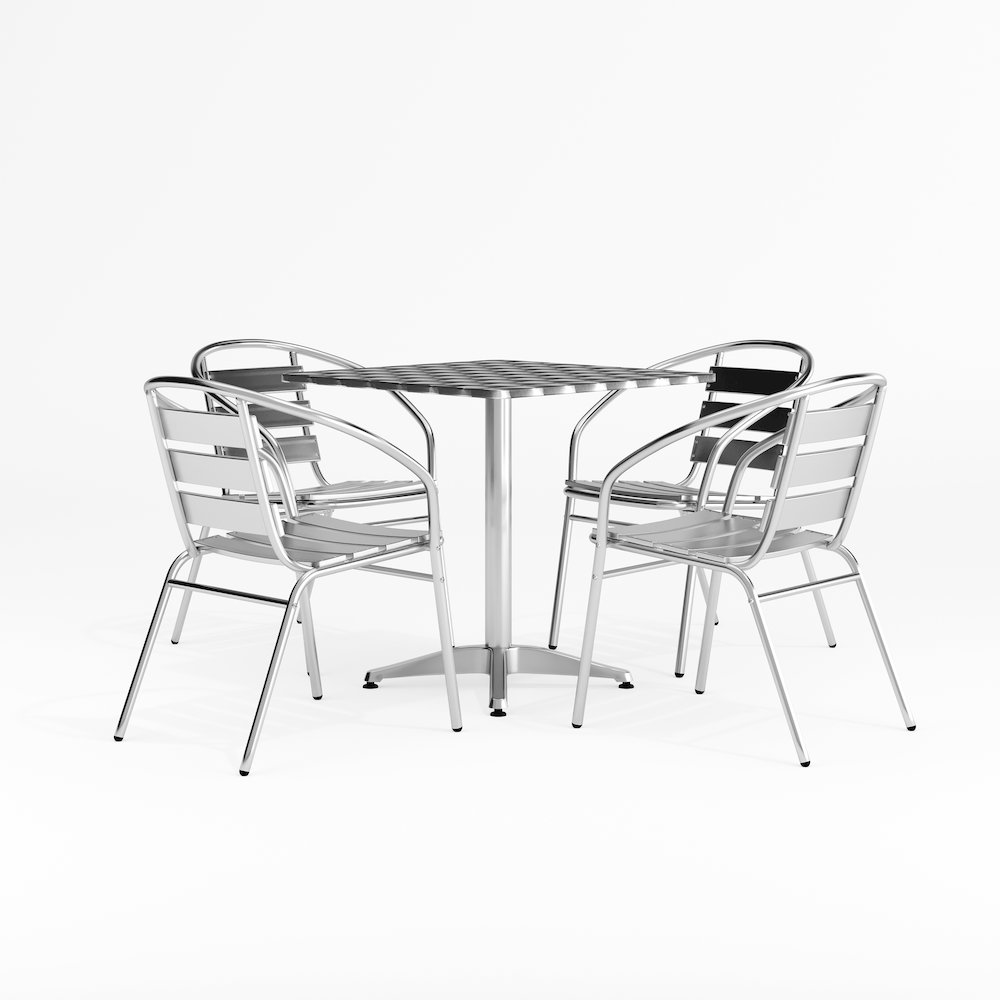 27.5'' Square Aluminum Indoor-Outdoor Table Set with 4 Slat Back Chairs. Picture 1