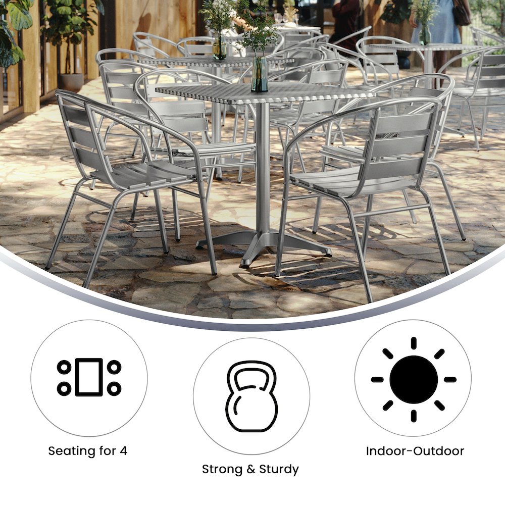 27.5'' Square Aluminum Indoor-Outdoor Table Set with 4 Slat Back Chairs. Picture 6
