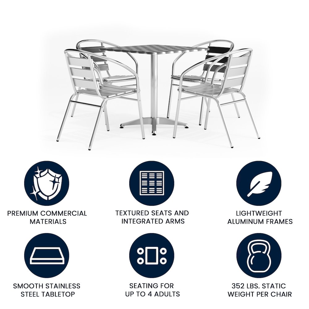 27.5'' Square Aluminum Indoor-Outdoor Table Set with 4 Slat Back Chairs. Picture 5