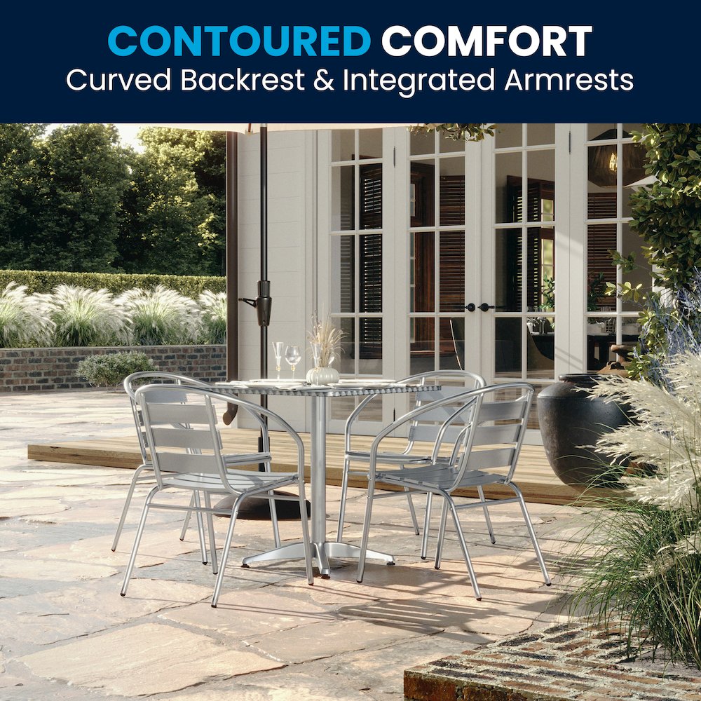 27.5'' Square Aluminum Indoor-Outdoor Table Set with 4 Slat Back Chairs. Picture 3