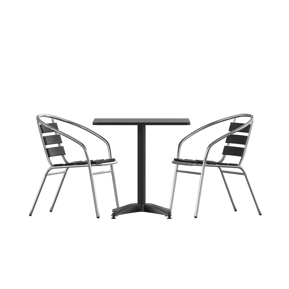 Lila 27.5'' Black Square Aluminum Table Set with 2 Black Slat Back Chairs. Picture 1