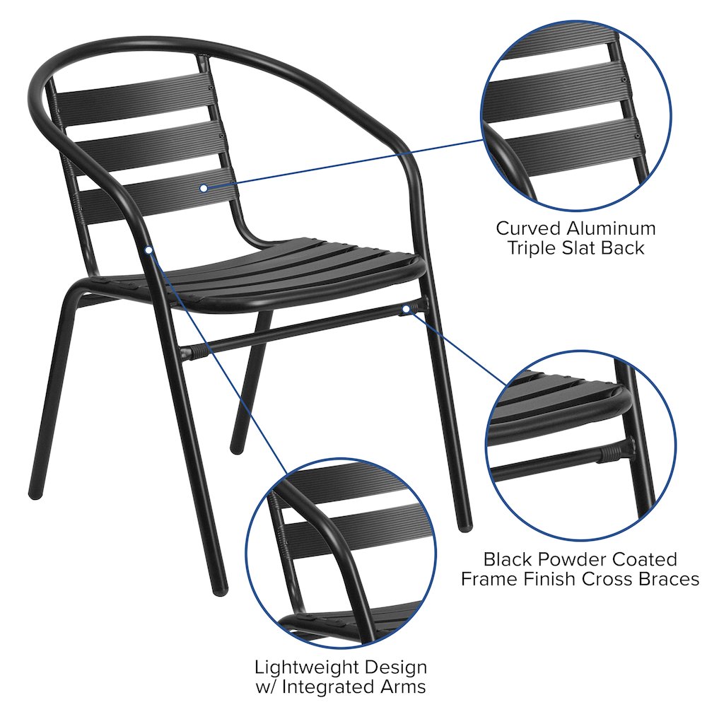 Lila 27.5'' Black Square Aluminum Table Set with 2 Black Slat Back Chairs. Picture 4