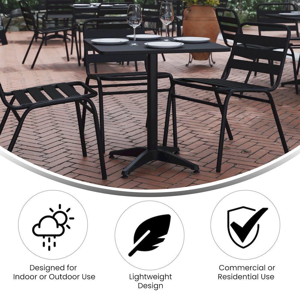 Lila 27.5'' Black Square Aluminum Table Set with 2 Black Slat Back Chairs. Picture 5