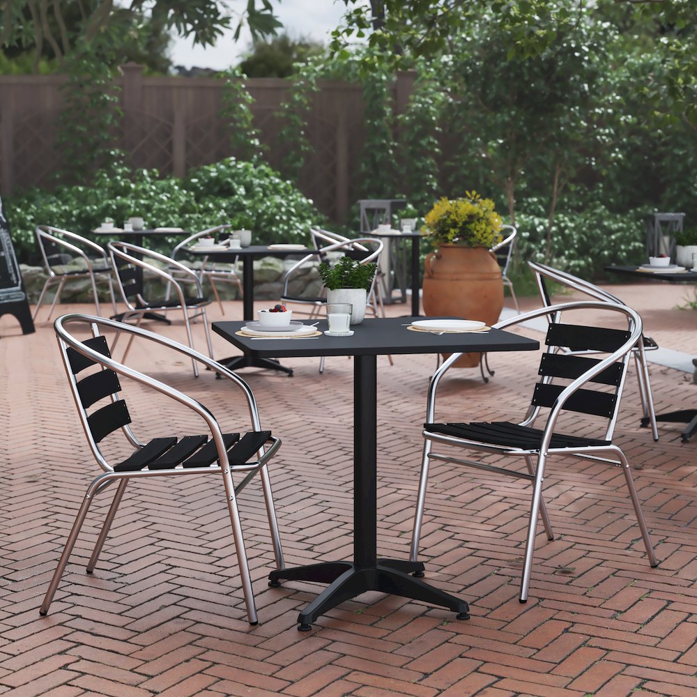 Lila 27.5'' Black Square Aluminum Table Set with 2 Black Slat Back Chairs. Picture 3