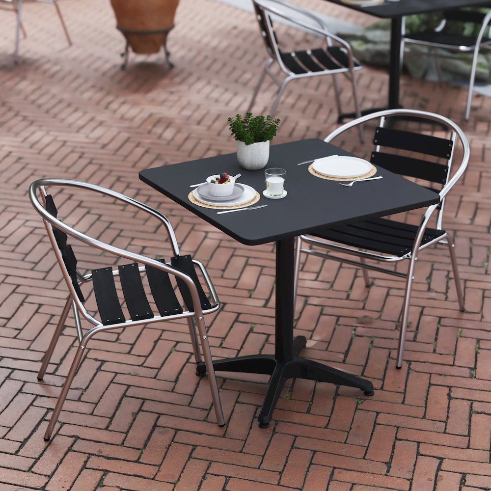 Lila 27.5'' Black Square Aluminum Table Set with 2 Black Slat Back Chairs. Picture 8