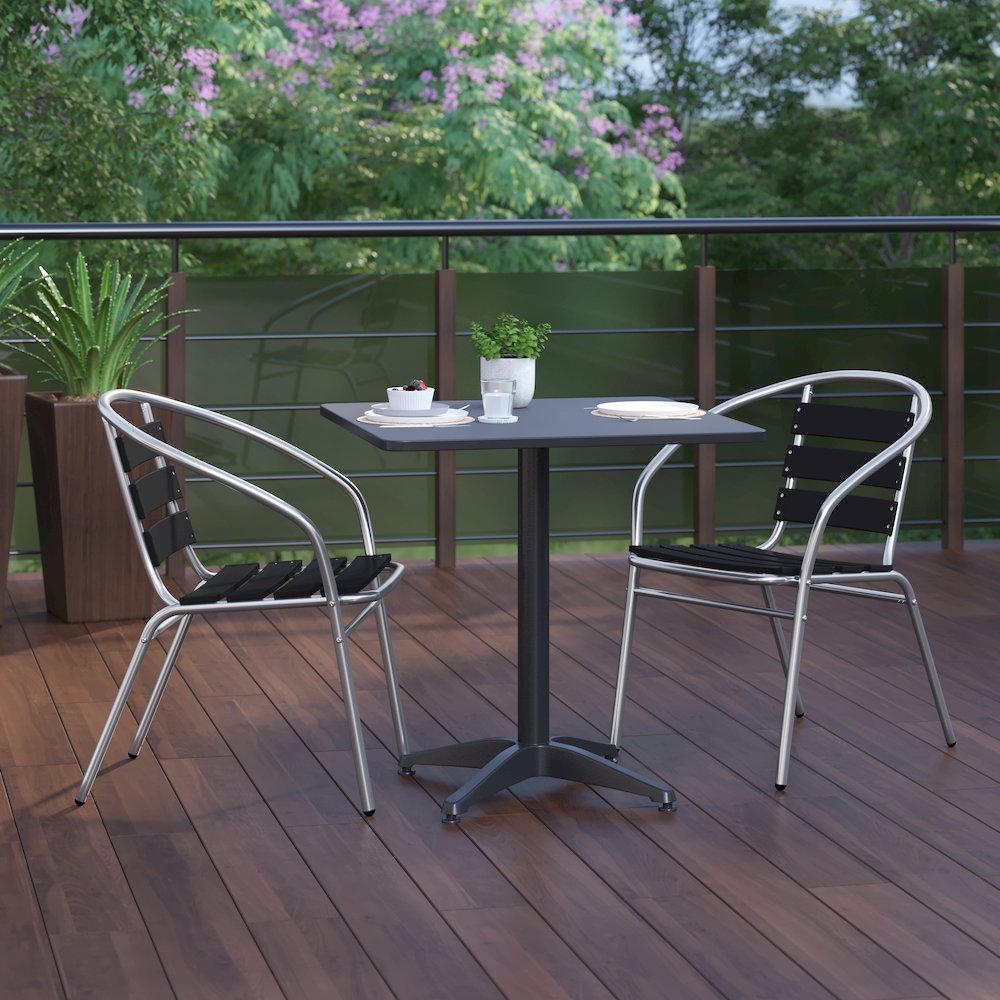 Lila 27.5'' Black Square Aluminum Table Set with 2 Black Slat Back Chairs. Picture 9