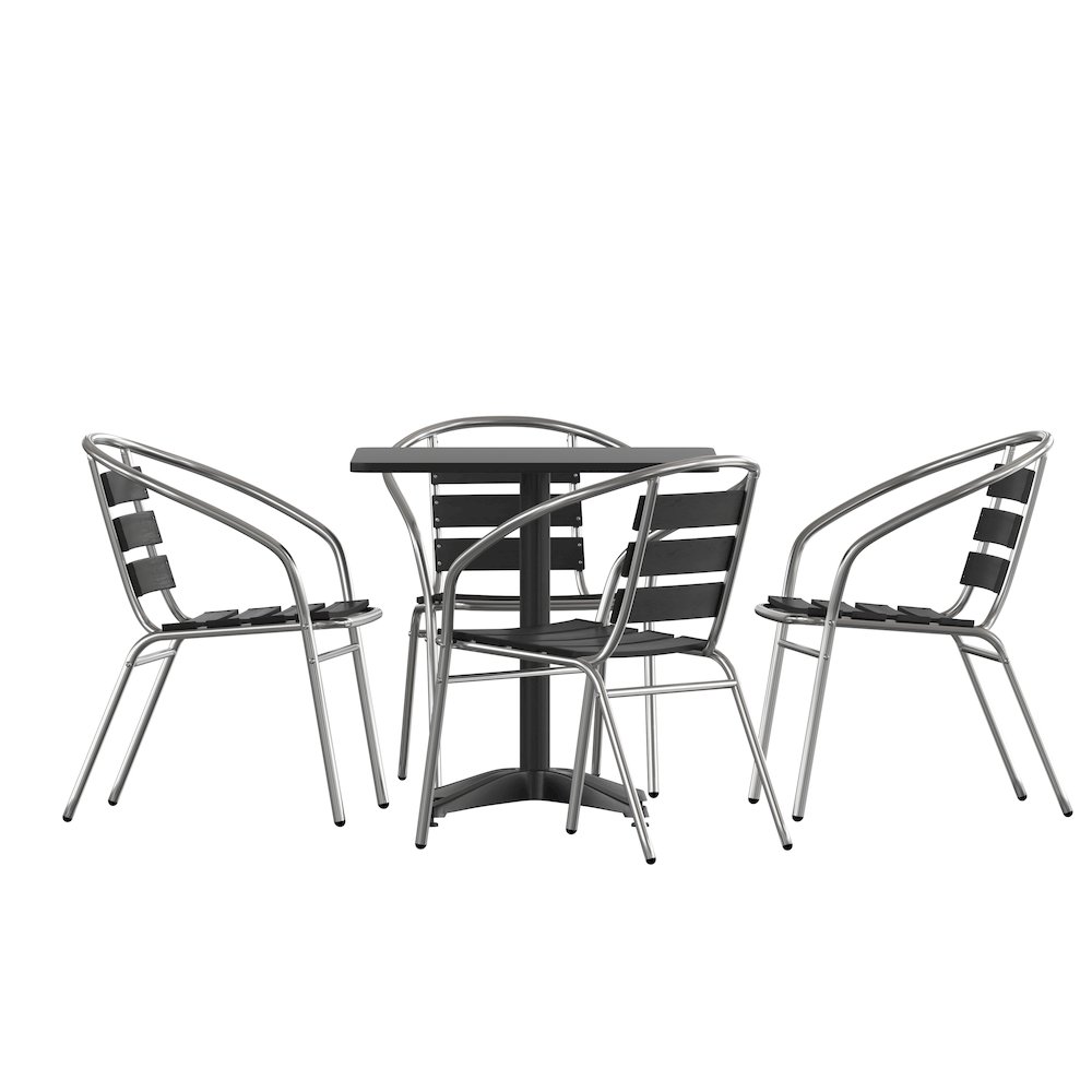 Lila 27.5'' Black Square Aluminum Table Set with 4 Black Slat Back Chairs. Picture 1