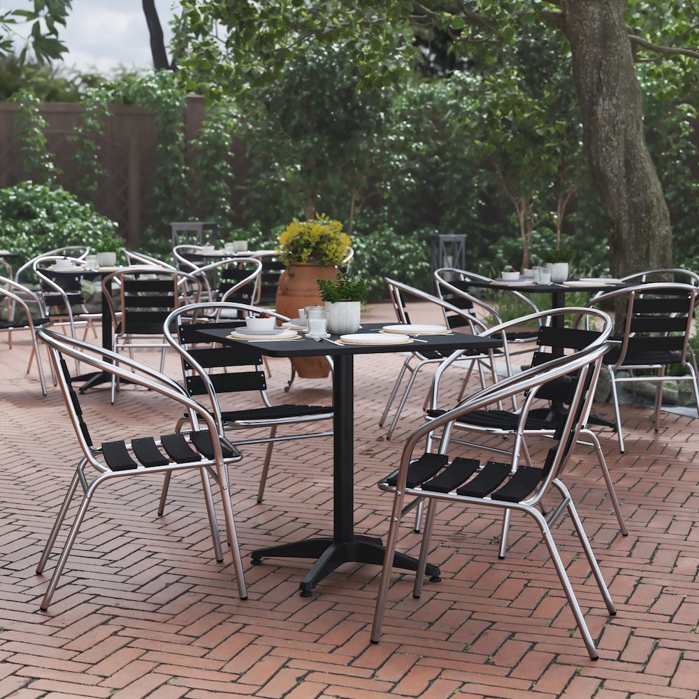 Lila 27.5'' Black Square Aluminum Table Set with 4 Black Slat Back Chairs. Picture 3
