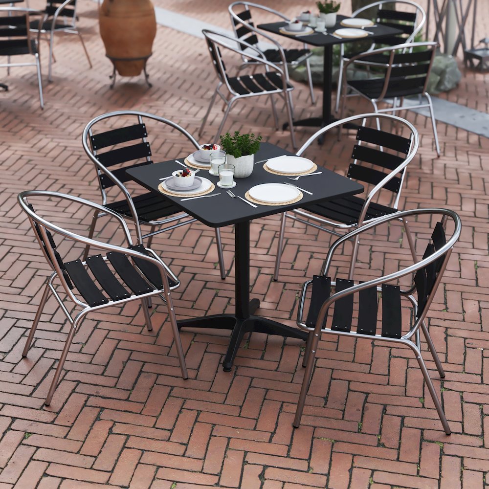 Lila 27.5'' Black Square Aluminum Table Set with 4 Black Slat Back Chairs. Picture 8