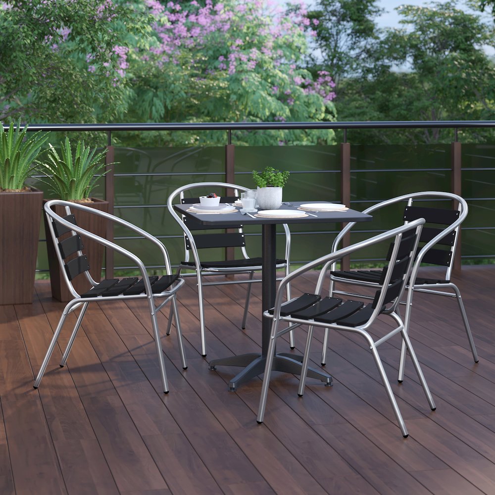Lila 27.5'' Black Square Aluminum Table Set with 4 Black Slat Back Chairs. Picture 9